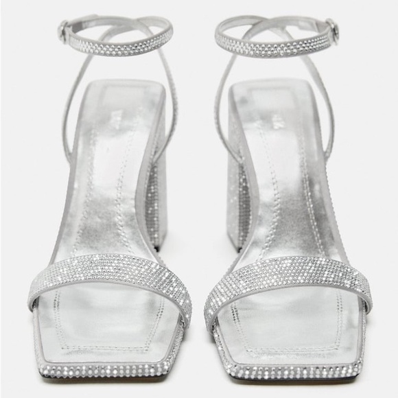 Zara Silver Block Heel Rhinestone Sandals - Picture 8 of 8